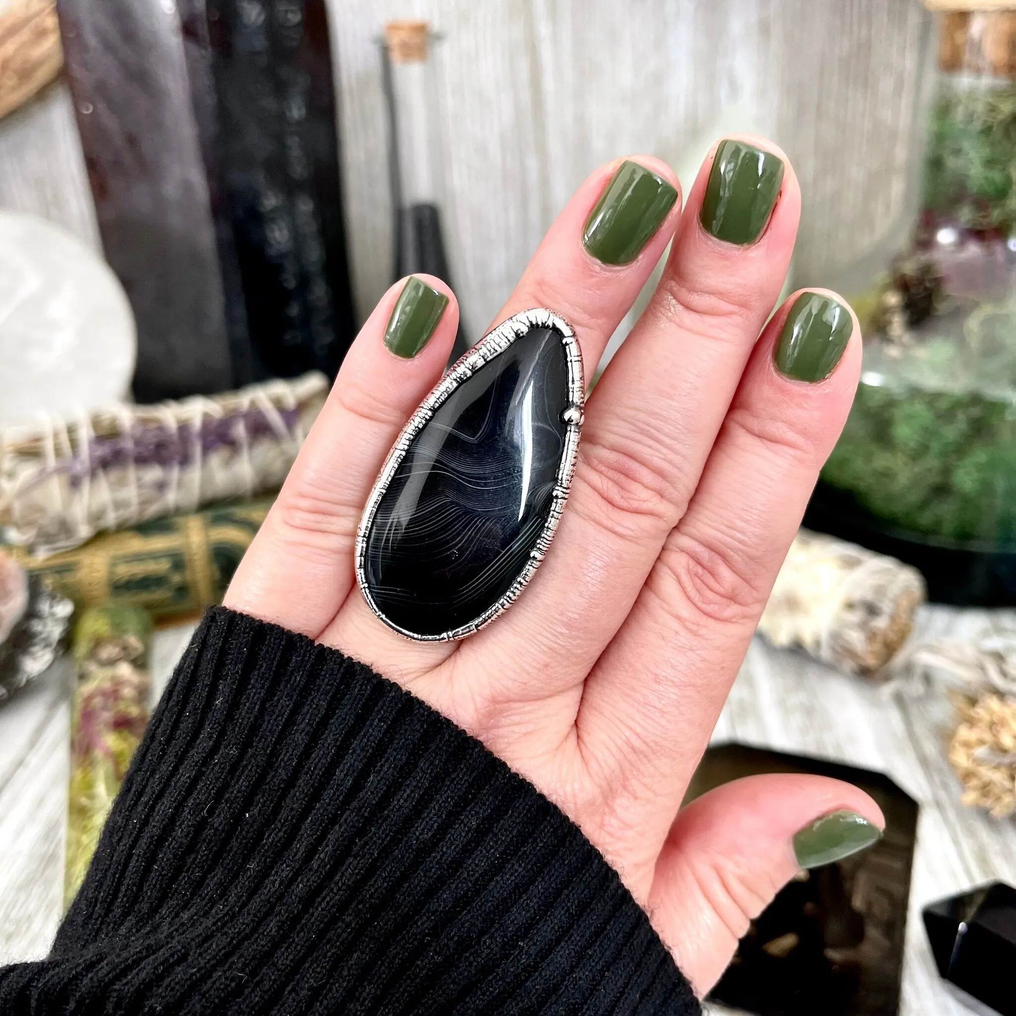 Large Natural Black Banded Agate Ring in Fine Silver/ Foxlark Collection Size 6 7 8 9 10