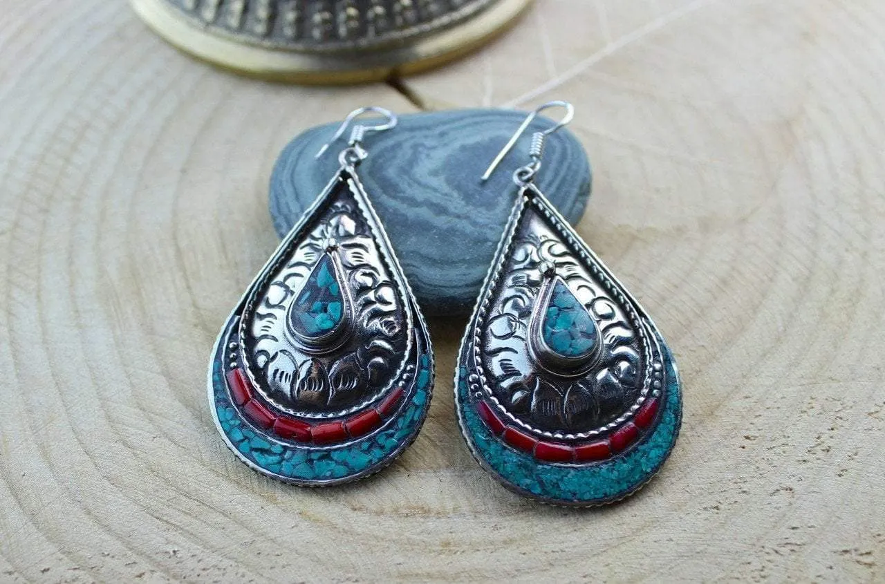 Large Turquoise and Coral Teardrop Earrings