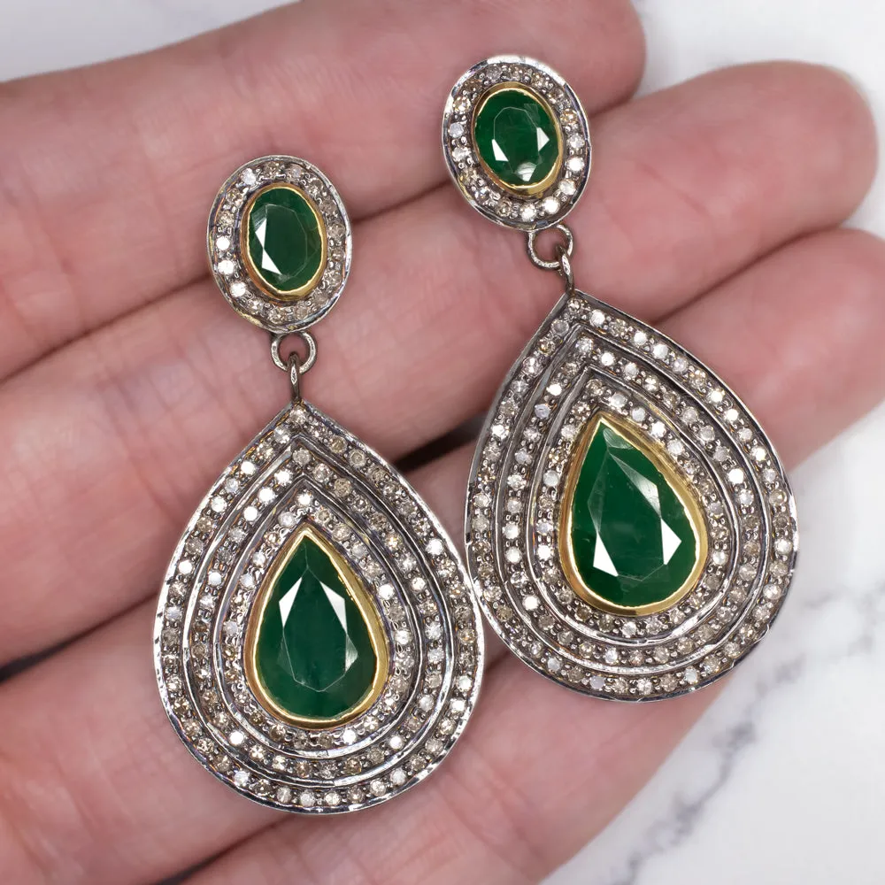 NATURAL DIAMOND EMERALD EARRINGS STATEMENT DROP DANGLE PEAR TEARDROP GREEN BIG