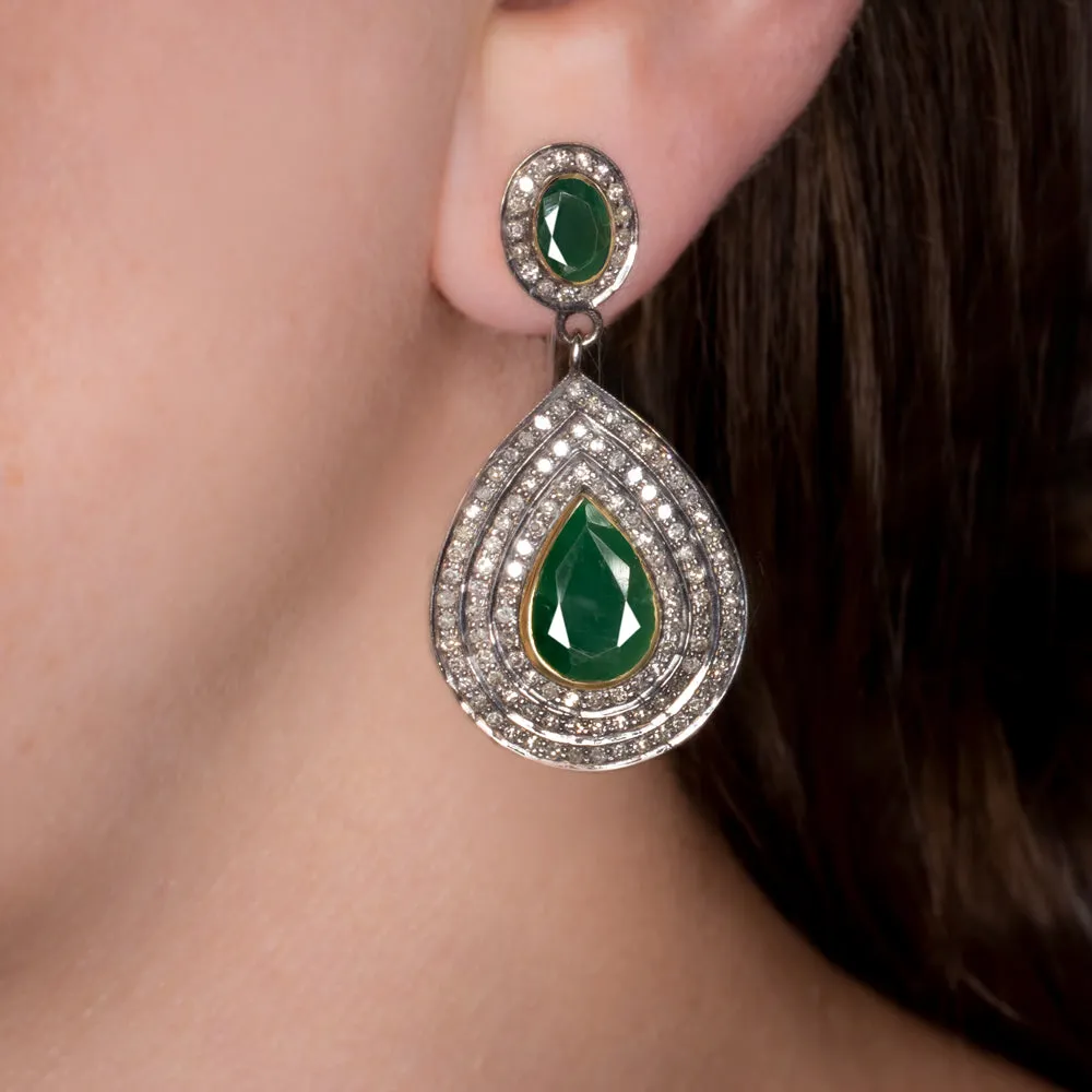 NATURAL DIAMOND EMERALD EARRINGS STATEMENT DROP DANGLE PEAR TEARDROP GREEN BIG