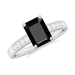 Octagon Cut Created Black Diamond Solitaire Ring with Accent