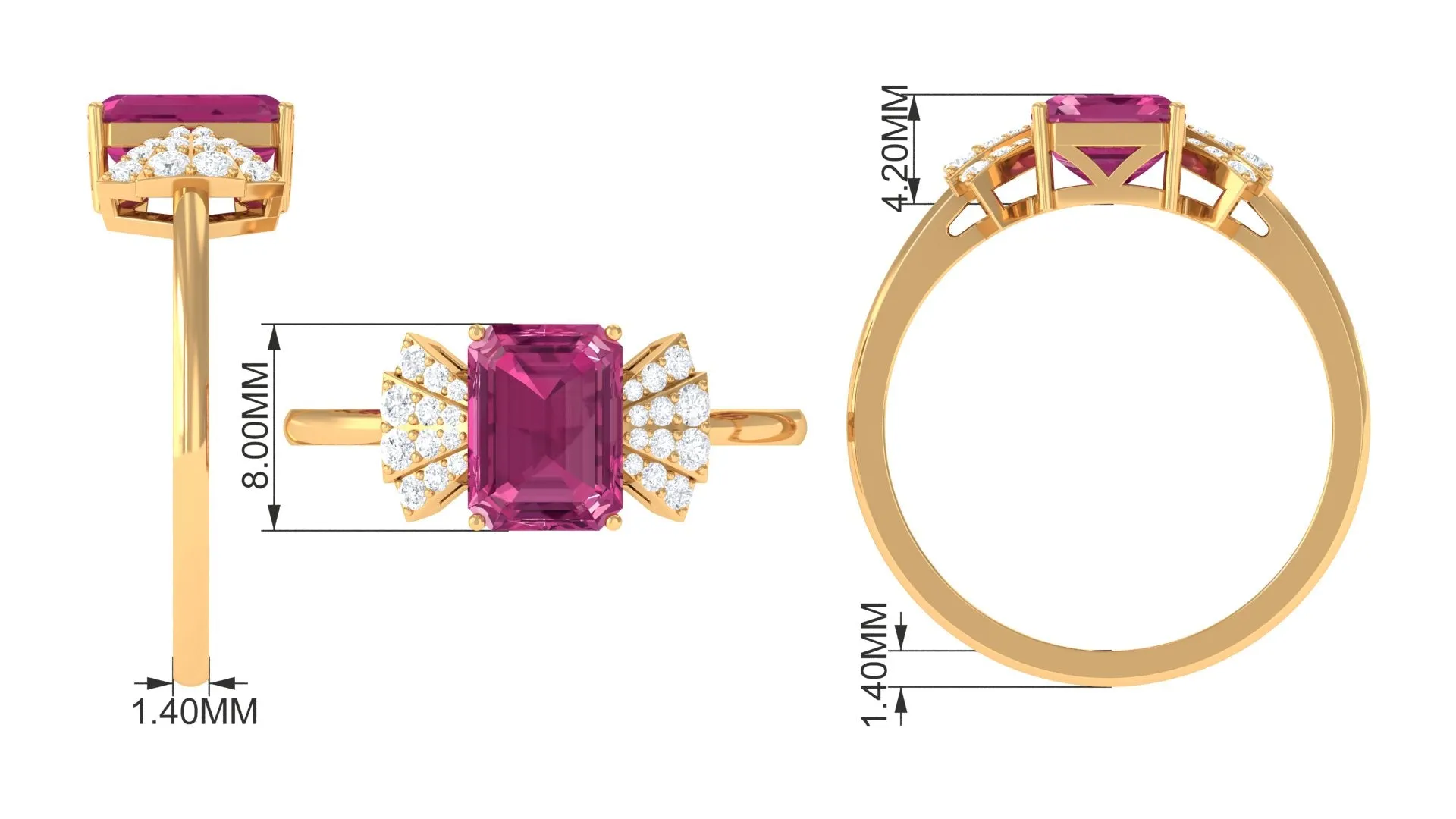 Octagon Cut Pink Tourmaline and Diamond Designer Solitaire Ring