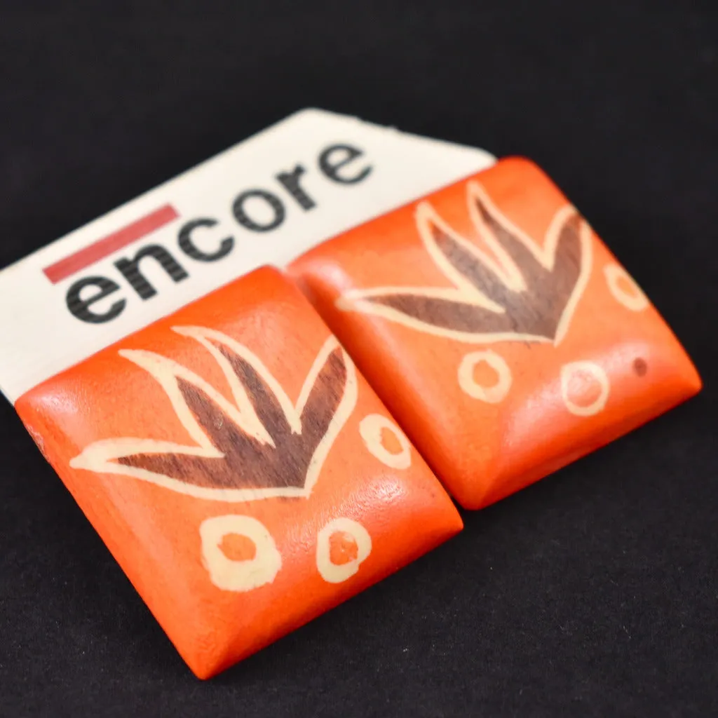 Orange Wood Square Earrings