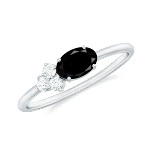 Oval Cut Created Black Diamond Minimal Ring with Diamond Trio