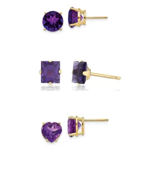 Paris Jewelry 18k Yellow Gold 4Cttw Created Amethyst 3 Pair Round, Square And Heart Stud Earrings Plated