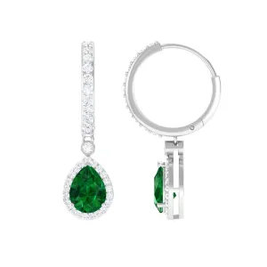 Pear Cut Lab Created Emerald Drop Earrings with Moissanite