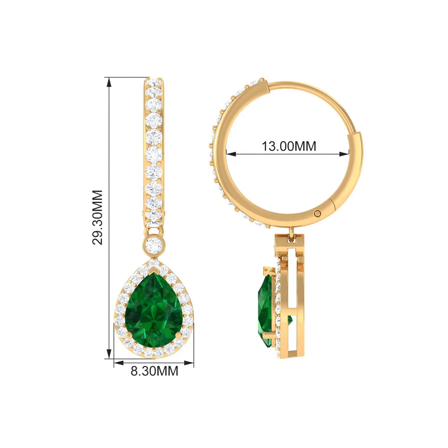 Pear Cut Lab Created Emerald Drop Earrings with Moissanite