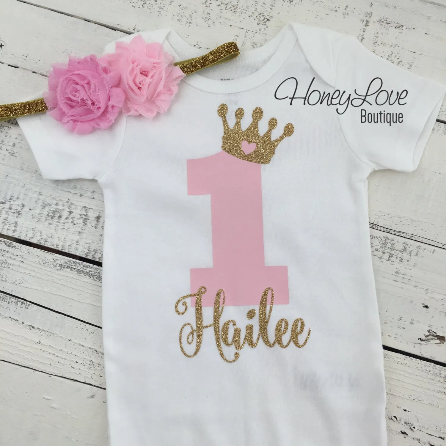 Personalized 1st Birthday Princess outfit - Gold Glitter and Light Pink