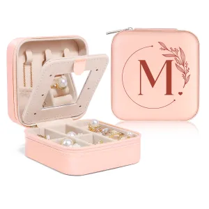 Personalized Jewelry Box, Pink Small Travel Jewelry Box with Initial M, Monogrammed Jewelry Case Organizer for Girls Women Teen, Mini Travel Essentials Gifts for Christmas Birthday