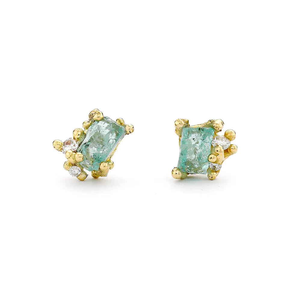 Raw Emerald and Diamond Encrusted Studs