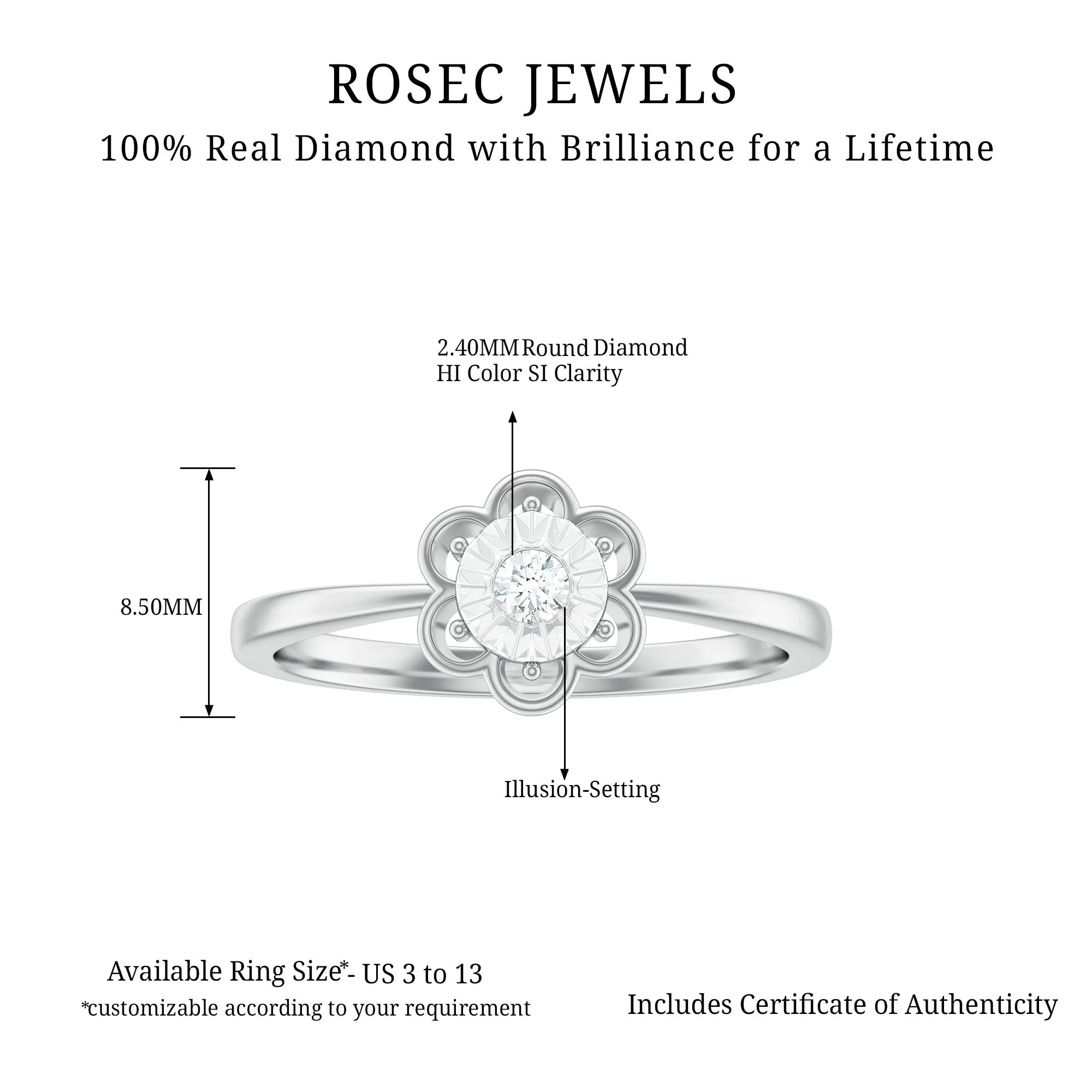 Real Diamond Solitaire Flower Ring with Miracle Plate