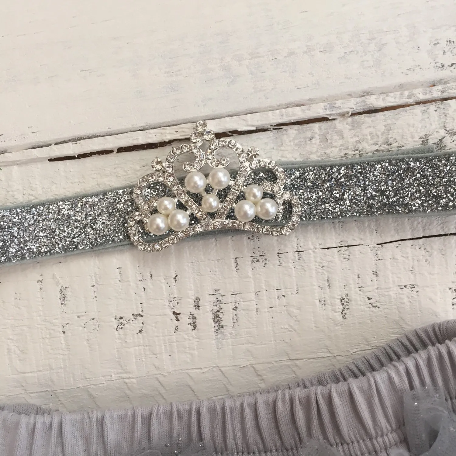 Rhinestone & Pearl Tiara headband - silver glitter and gray ruffle bottom bloomers