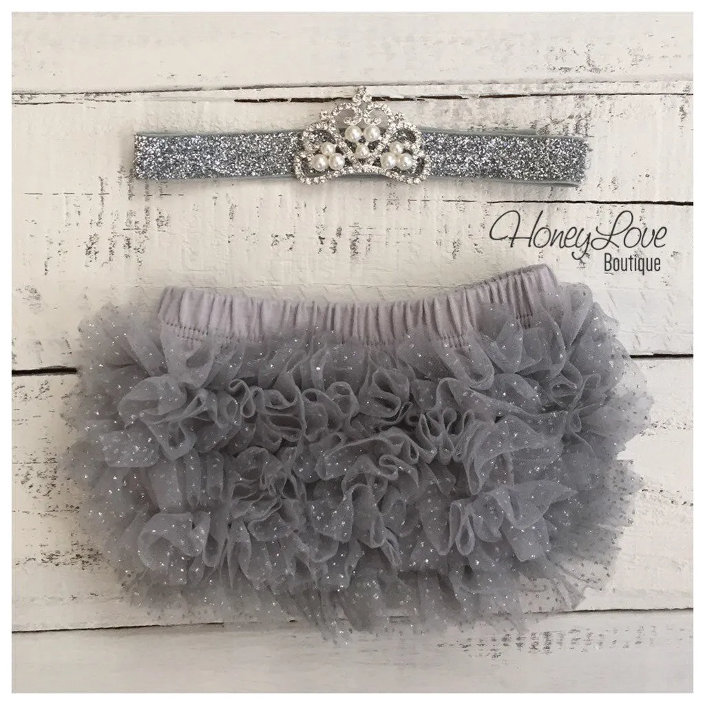 Rhinestone & Pearl Tiara headband - silver glitter and gray ruffle bottom bloomers