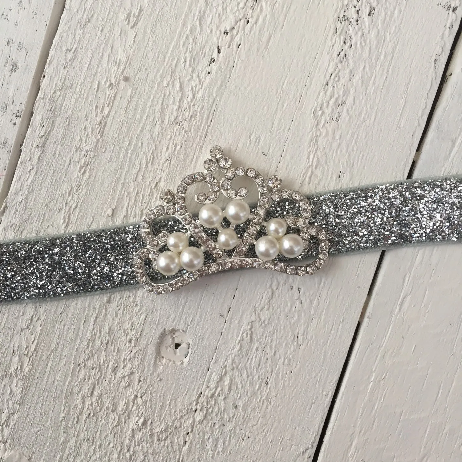 Rhinestone & Pearl Tiara headband - silver glitter and gray ruffle bottom bloomers