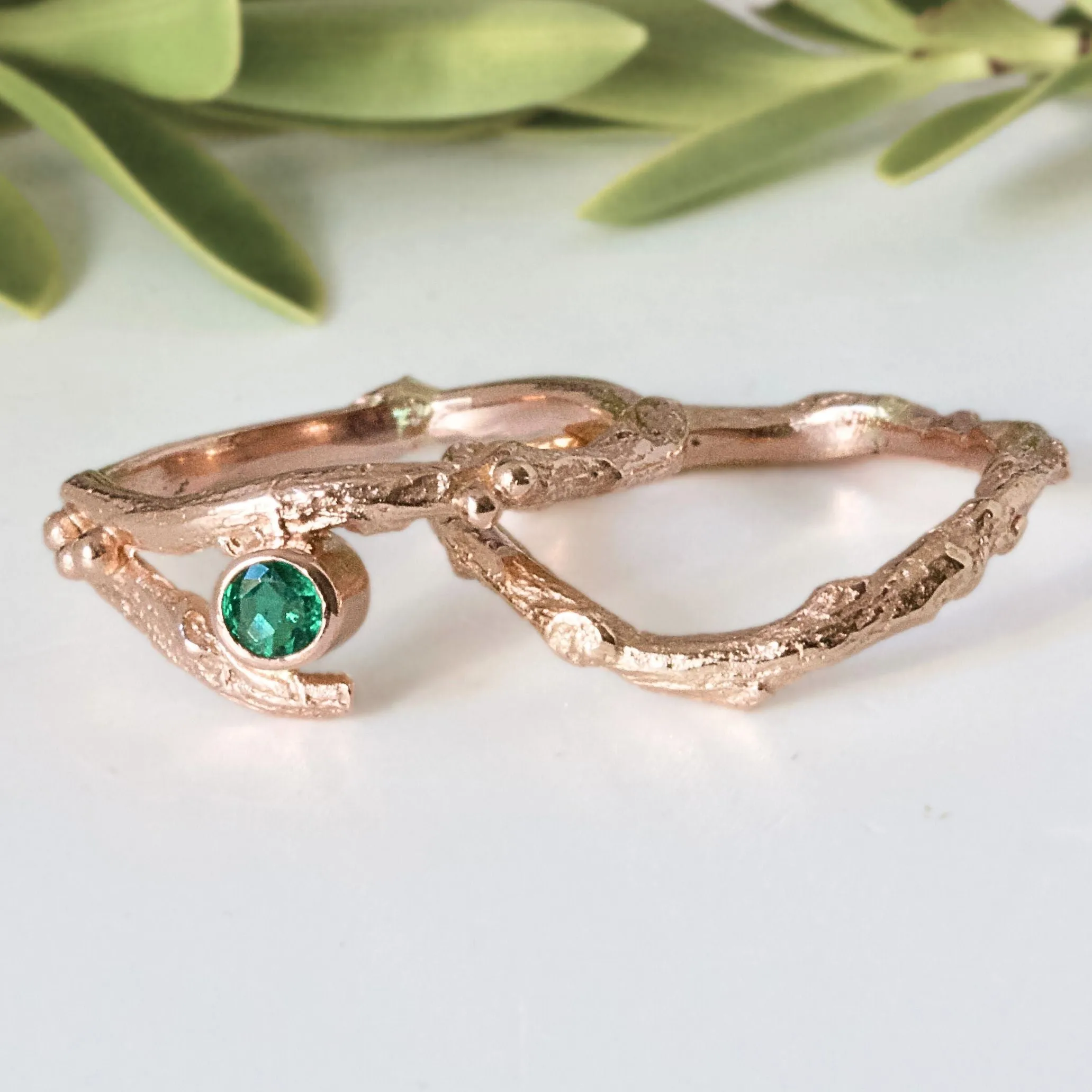 Rose Gold and Emerald Engagement Ring set