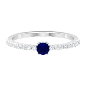 Round Blue Sapphire Dainty Promise Ring with Diamond