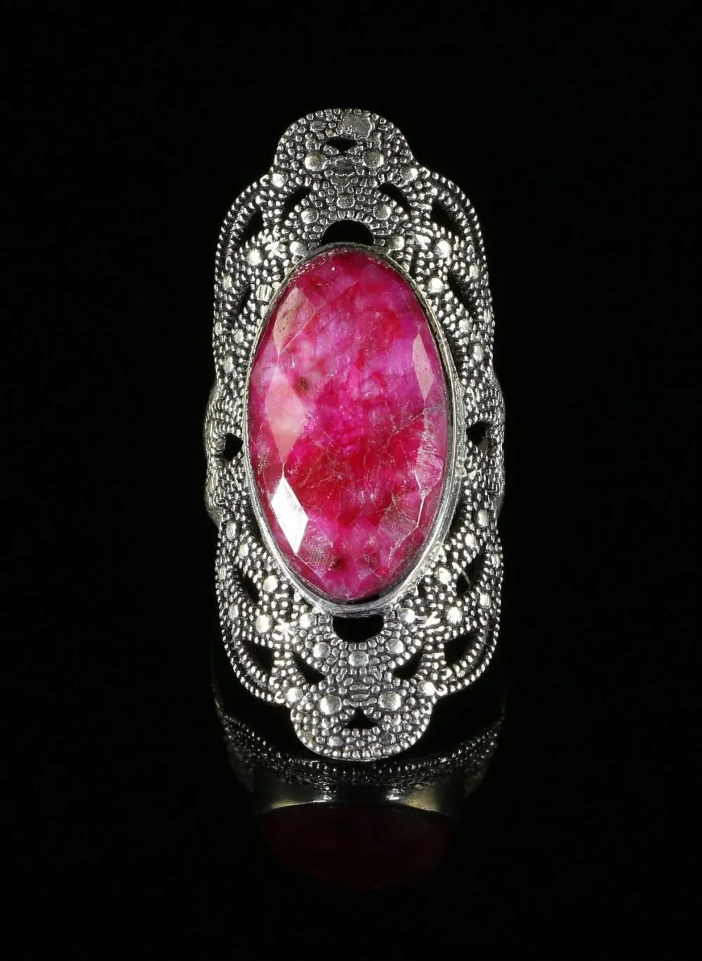 Ruby Marcasite Large Silver Ring