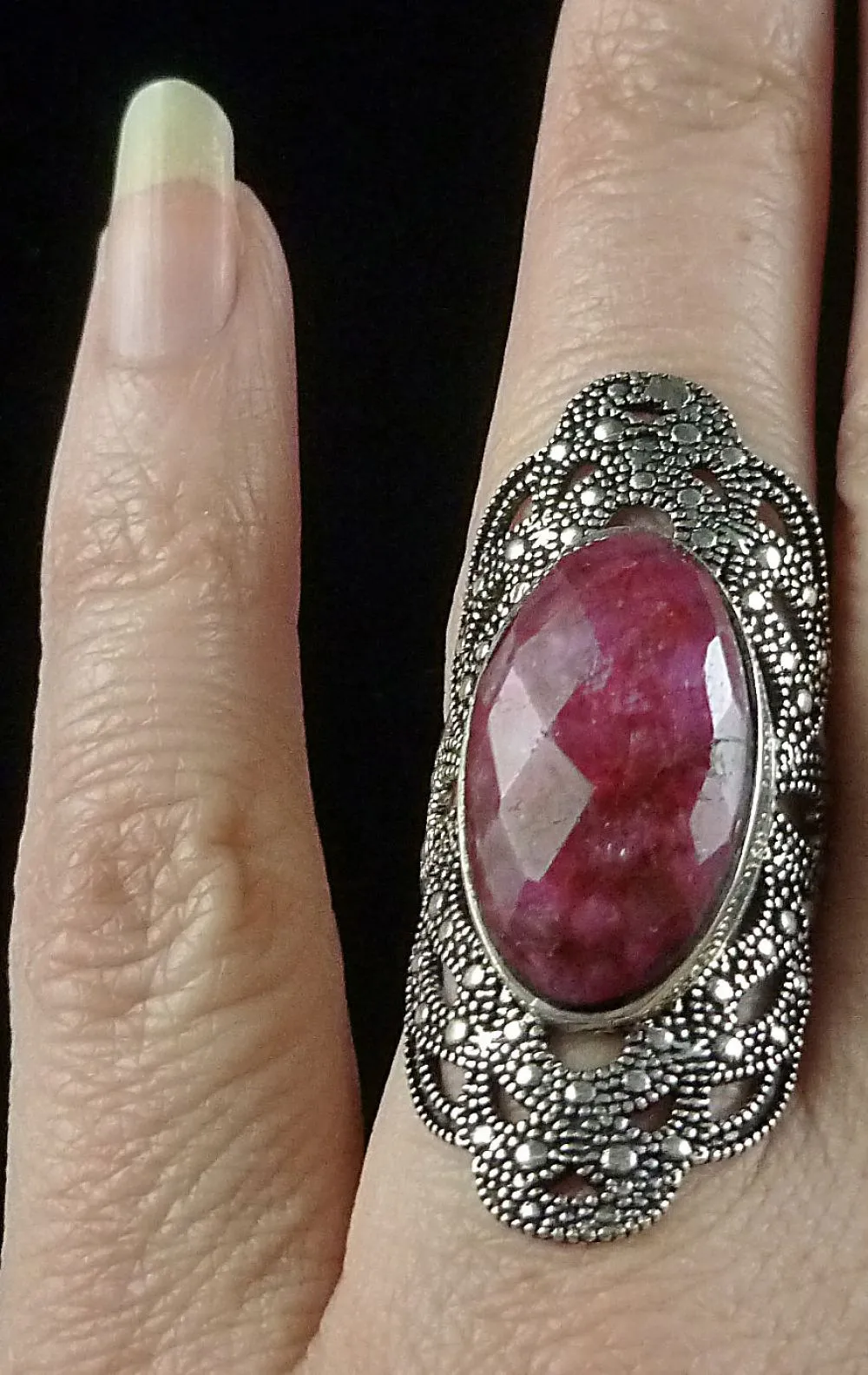 Ruby Marcasite Large Silver Ring