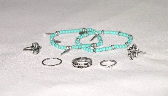 SALE 50% OFF Stacking Rings And Bracelets 7 Piece Set Turquoise Natural Or Coral 5 Ring 2 Bracelet Set Includes Hamsa Thunderbird Wings Asp Snake Symbols