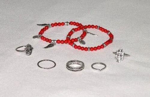 SALE 50% OFF Stacking Rings And Bracelets 7 Piece Set Turquoise Natural Or Coral 5 Ring 2 Bracelet Set Includes Hamsa Thunderbird Wings Asp Snake Symbols