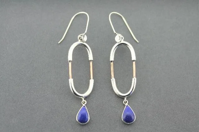 Silver & copper oval earrings with lapis teardrop