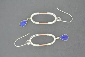 Silver & copper oval earrings with lapis teardrop