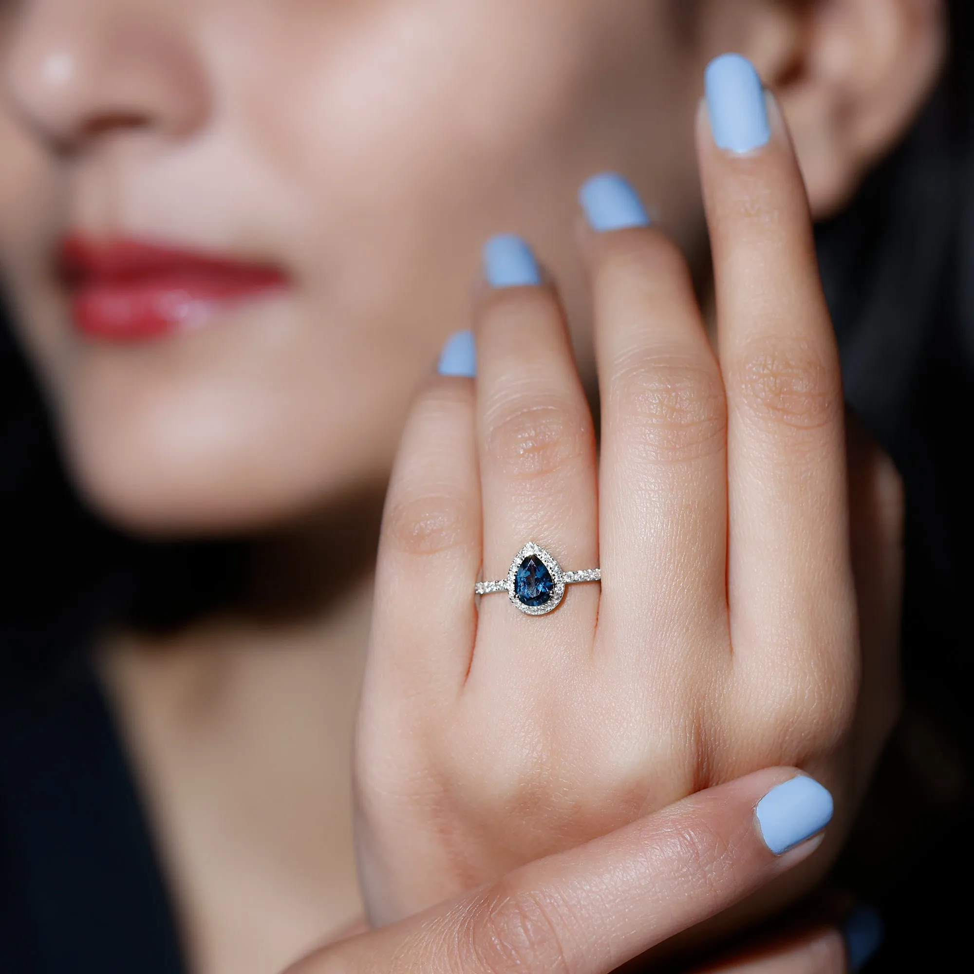 Simple London Blue Topaz Teardrop Ring with Moissanite Halo