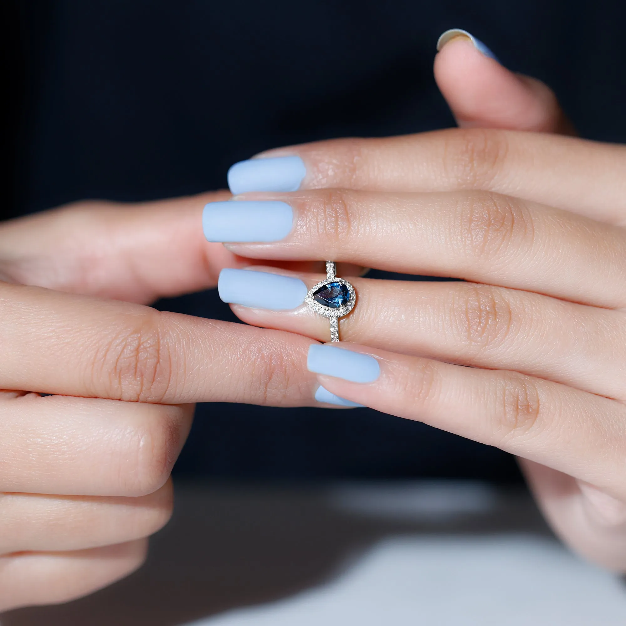 Simple London Blue Topaz Teardrop Ring with Moissanite Halo