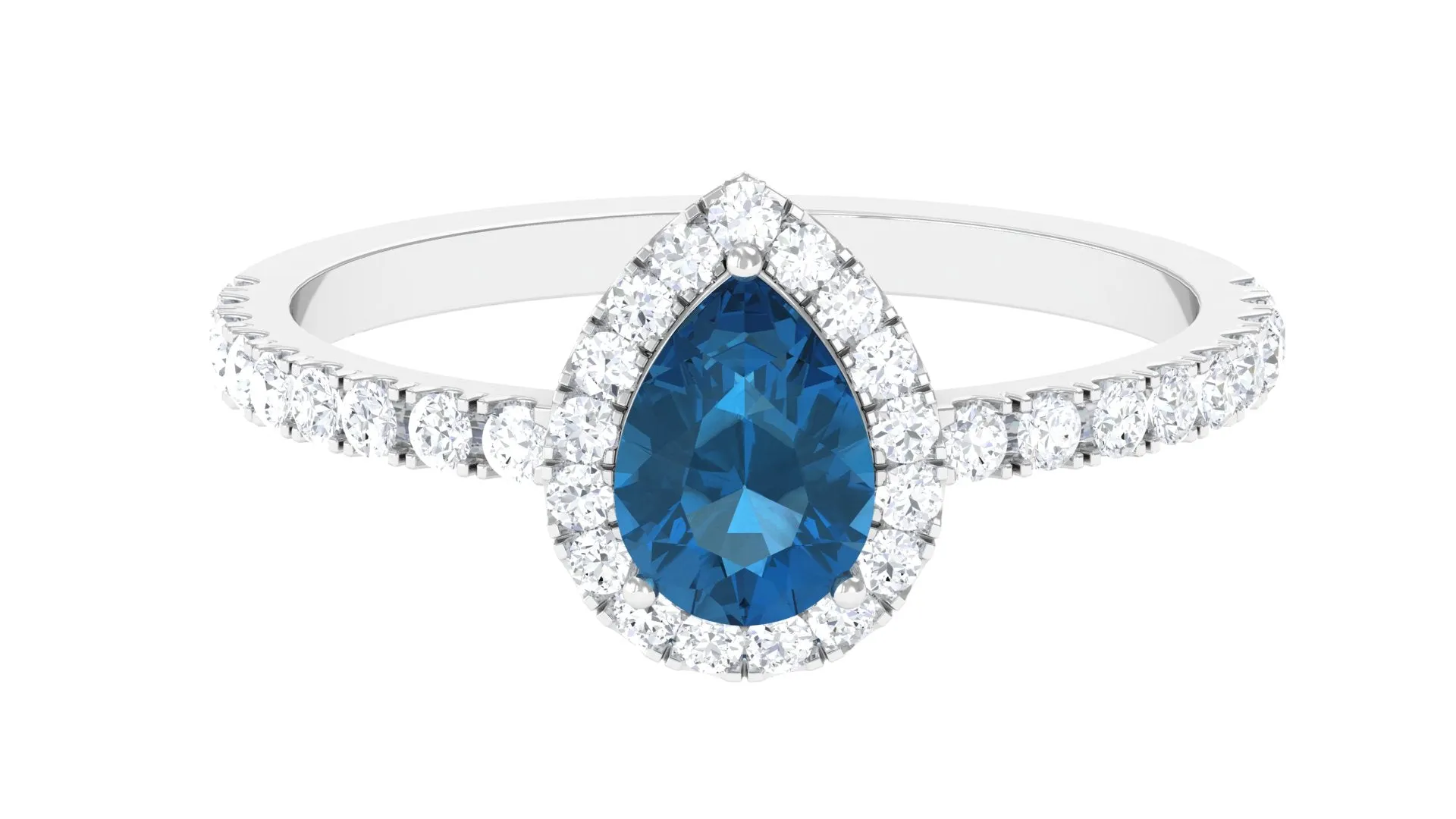 Simple London Blue Topaz Teardrop Ring with Moissanite Halo