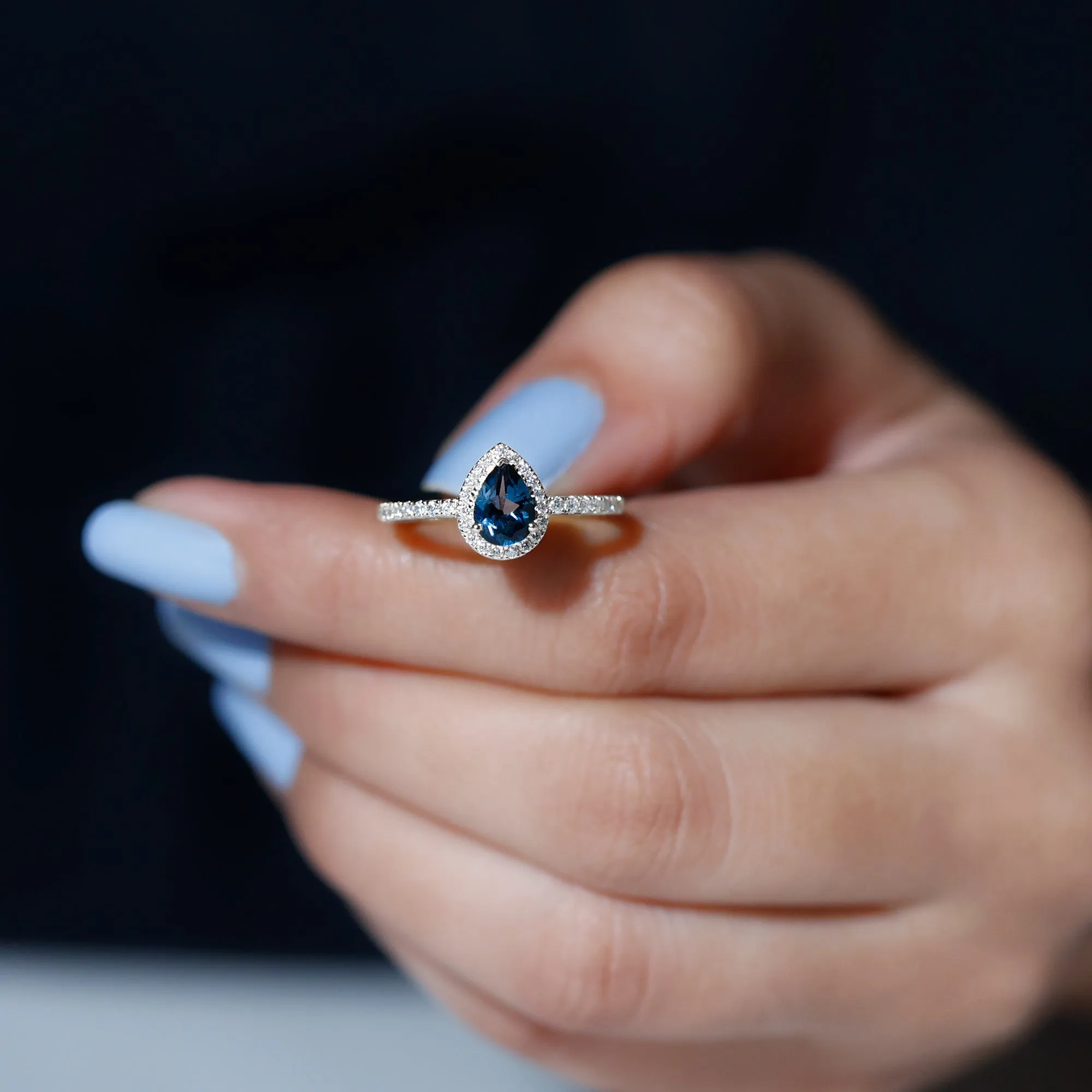 Simple London Blue Topaz Teardrop Ring with Moissanite Halo