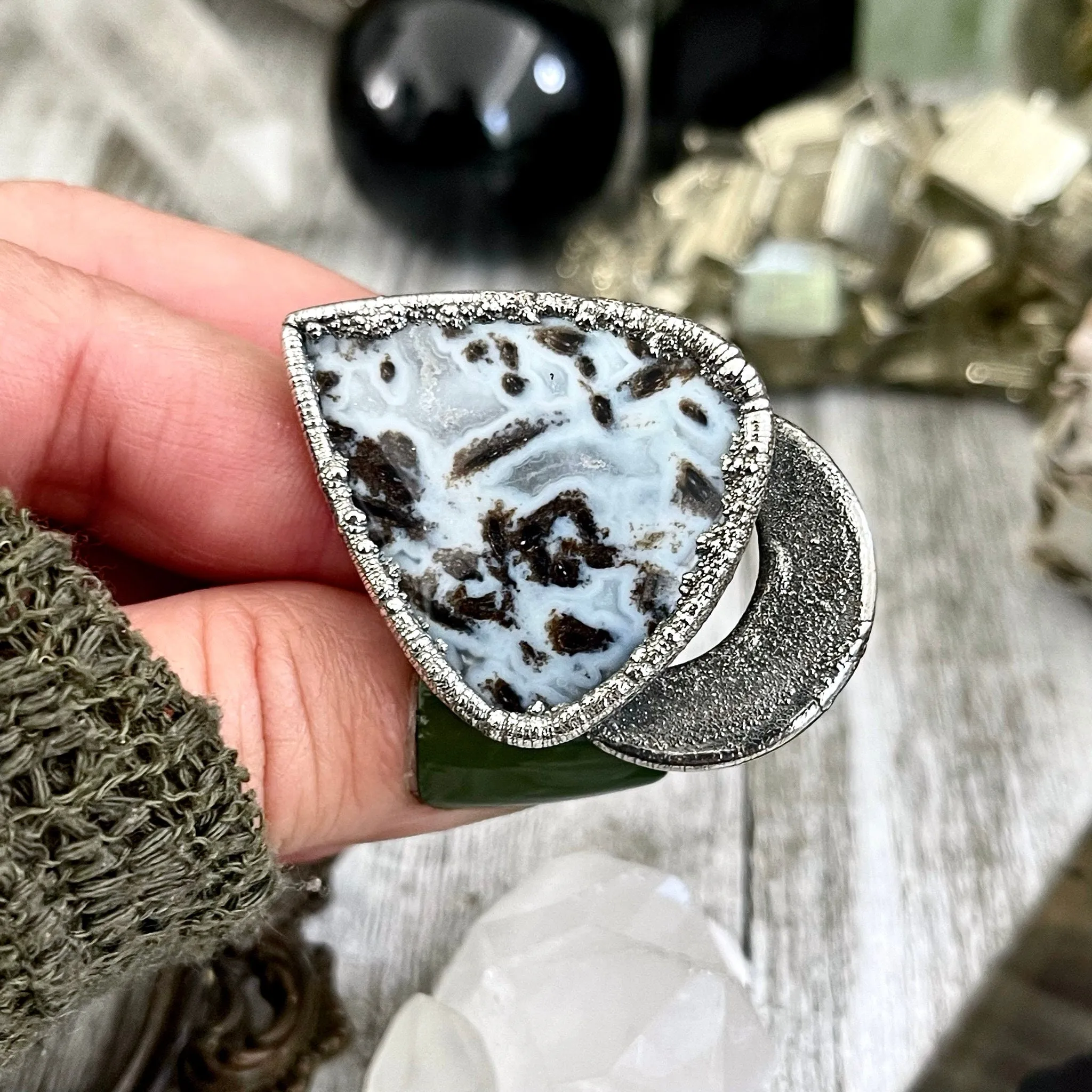 Size 10.5 Large Blue Fossilized Palm Root Statement Ring in Fine Silver / Foxlark Collection - One of a Kind