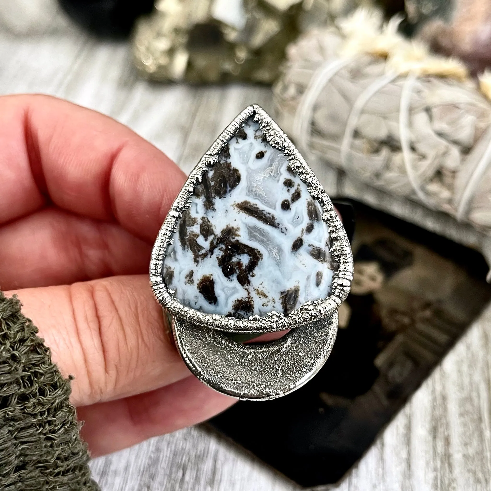 Size 10.5 Large Blue Fossilized Palm Root Statement Ring in Fine Silver / Foxlark Collection - One of a Kind