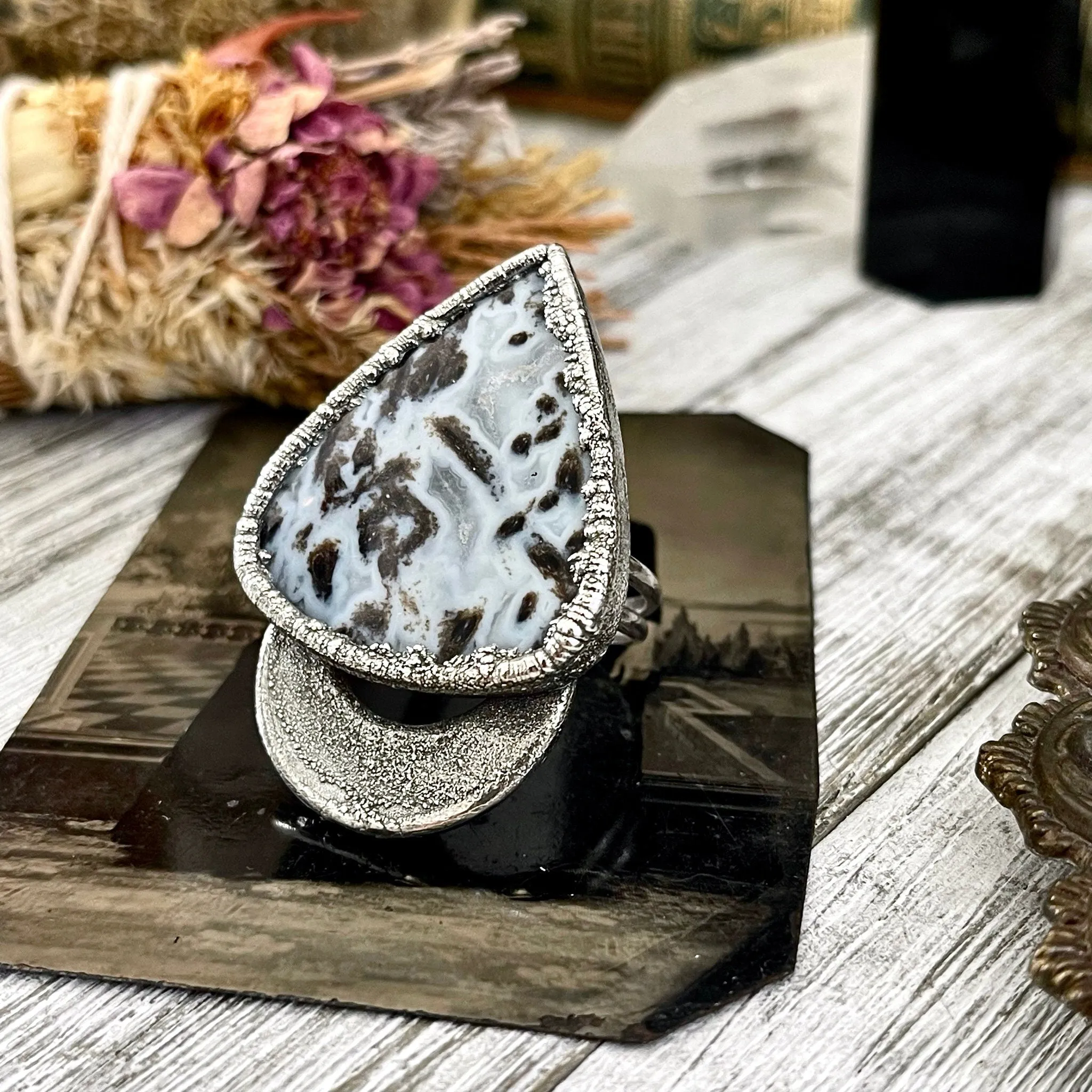 Size 10.5 Large Blue Fossilized Palm Root Statement Ring in Fine Silver / Foxlark Collection - One of a Kind