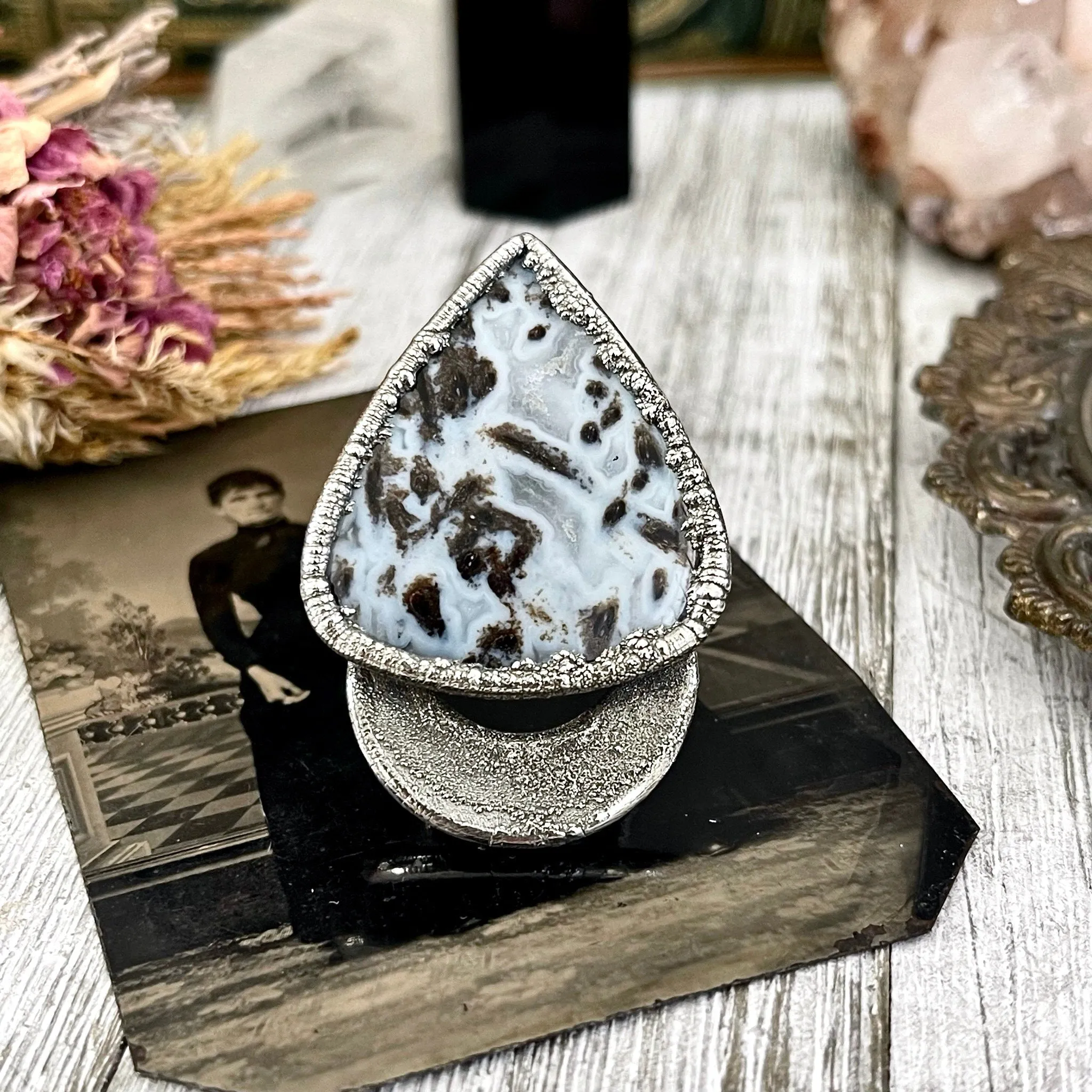 Size 10.5 Large Blue Fossilized Palm Root Statement Ring in Fine Silver / Foxlark Collection - One of a Kind