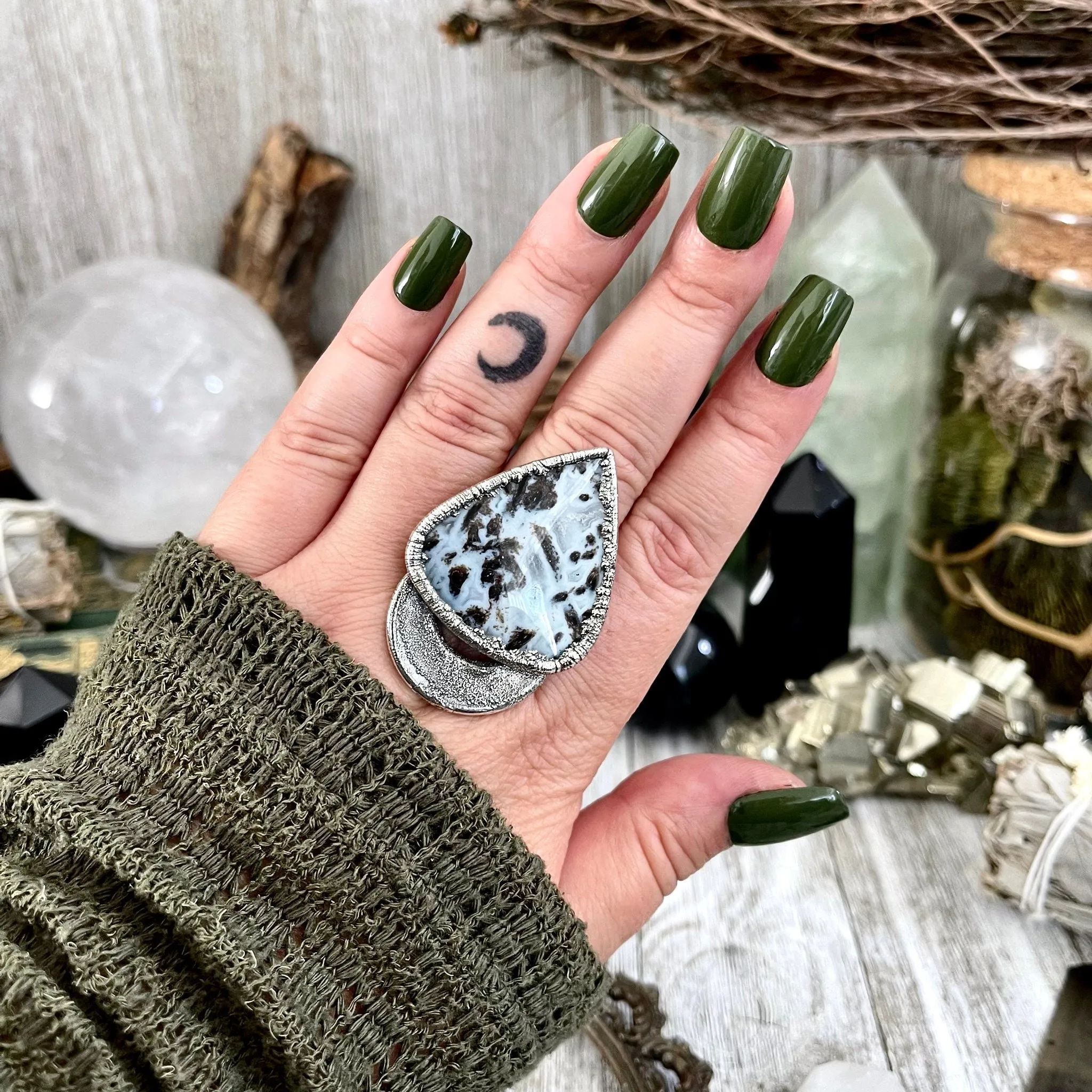 Size 10.5 Large Blue Fossilized Palm Root Statement Ring in Fine Silver / Foxlark Collection - One of a Kind