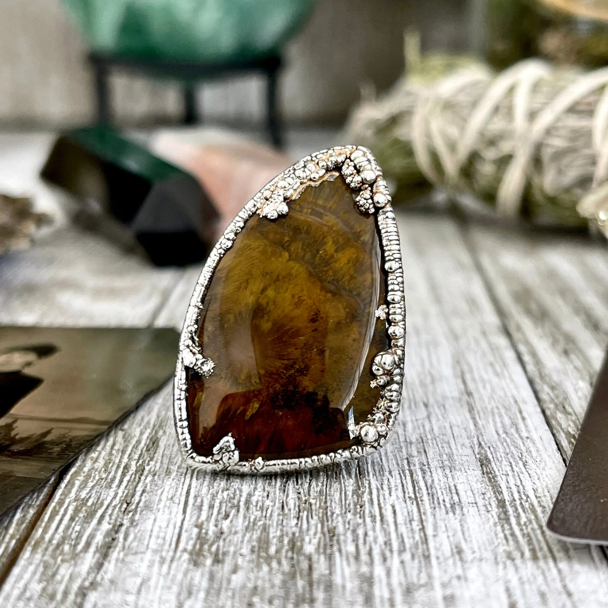 Size 7 Silver Natural Fancy Moss Agate Crystal Statement Ring / Foxlark Collection - One of a Kind