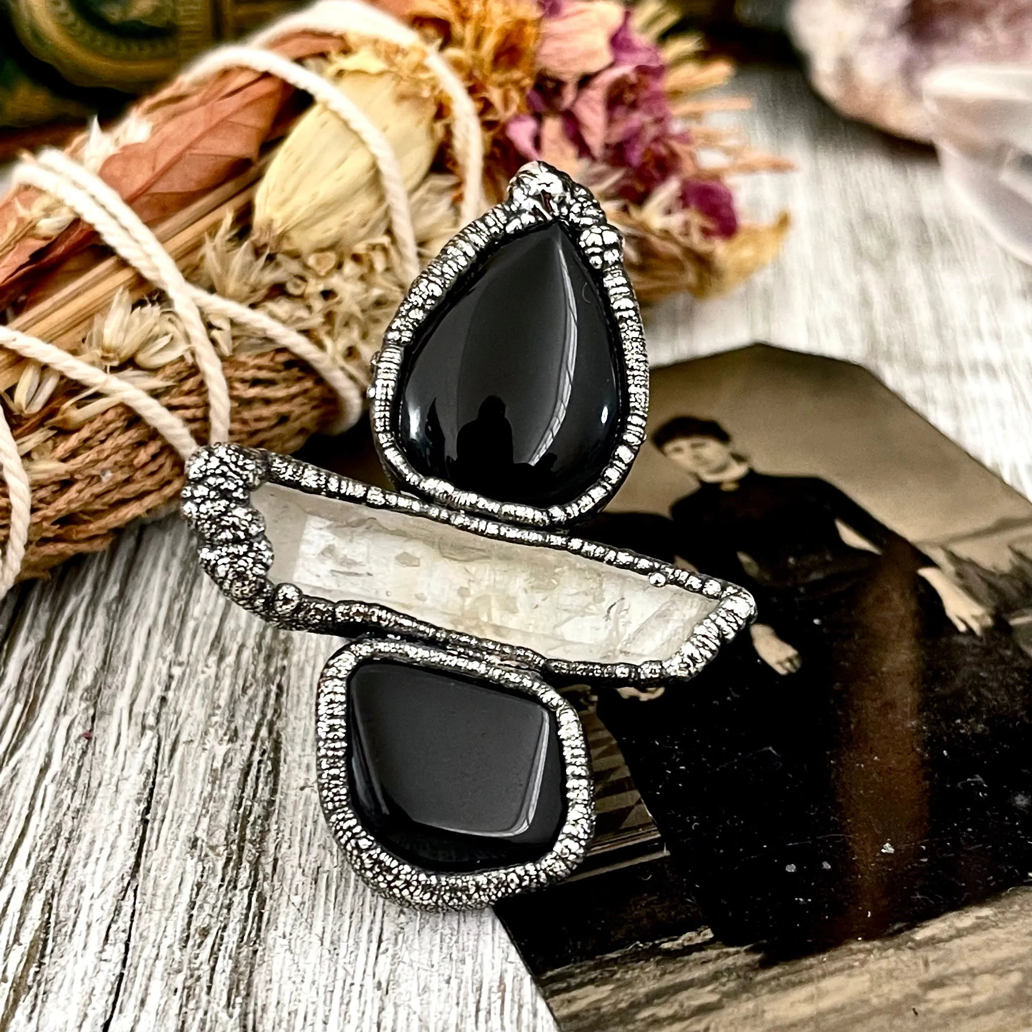 Size 7.5 Crystal Ring - Three Stone Ring Black Onyx Raw Clear Quartz Ring Silver / Foxlark Collection - One of a Kind