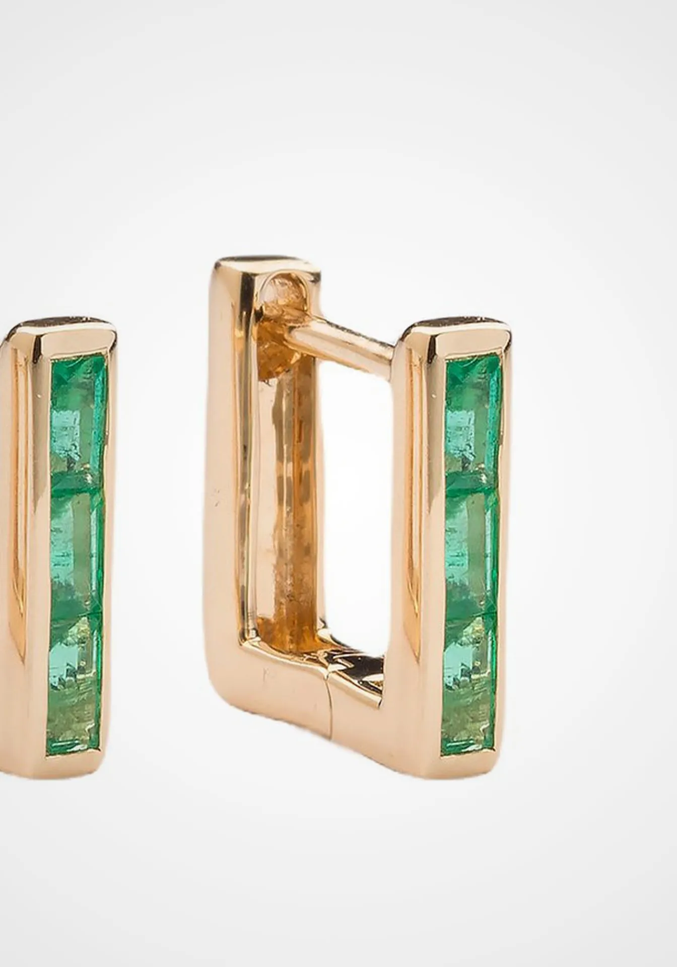 Skinny Square Huggie, 14K Yellow Gold   Three Emerald Baguette Earrings