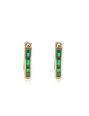 Skinny Square Huggie, 14K Yellow Gold   Three Emerald Baguette Earrings