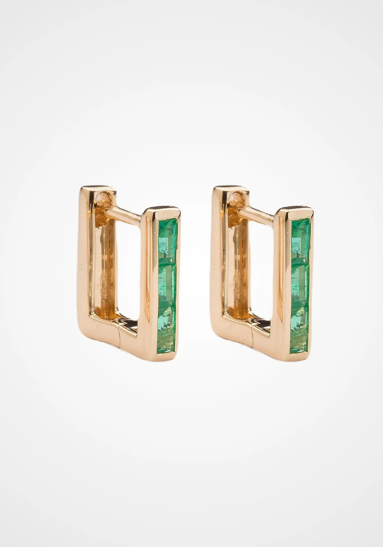 Skinny Square Huggie, 14K Yellow Gold   Three Emerald Baguette Earrings