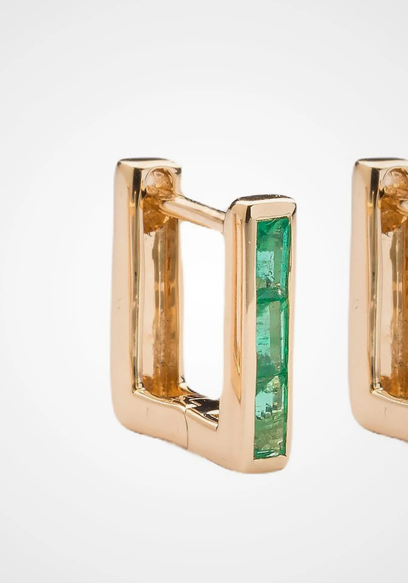 Skinny Square Huggie, 14K Yellow Gold   Three Emerald Baguette Earrings