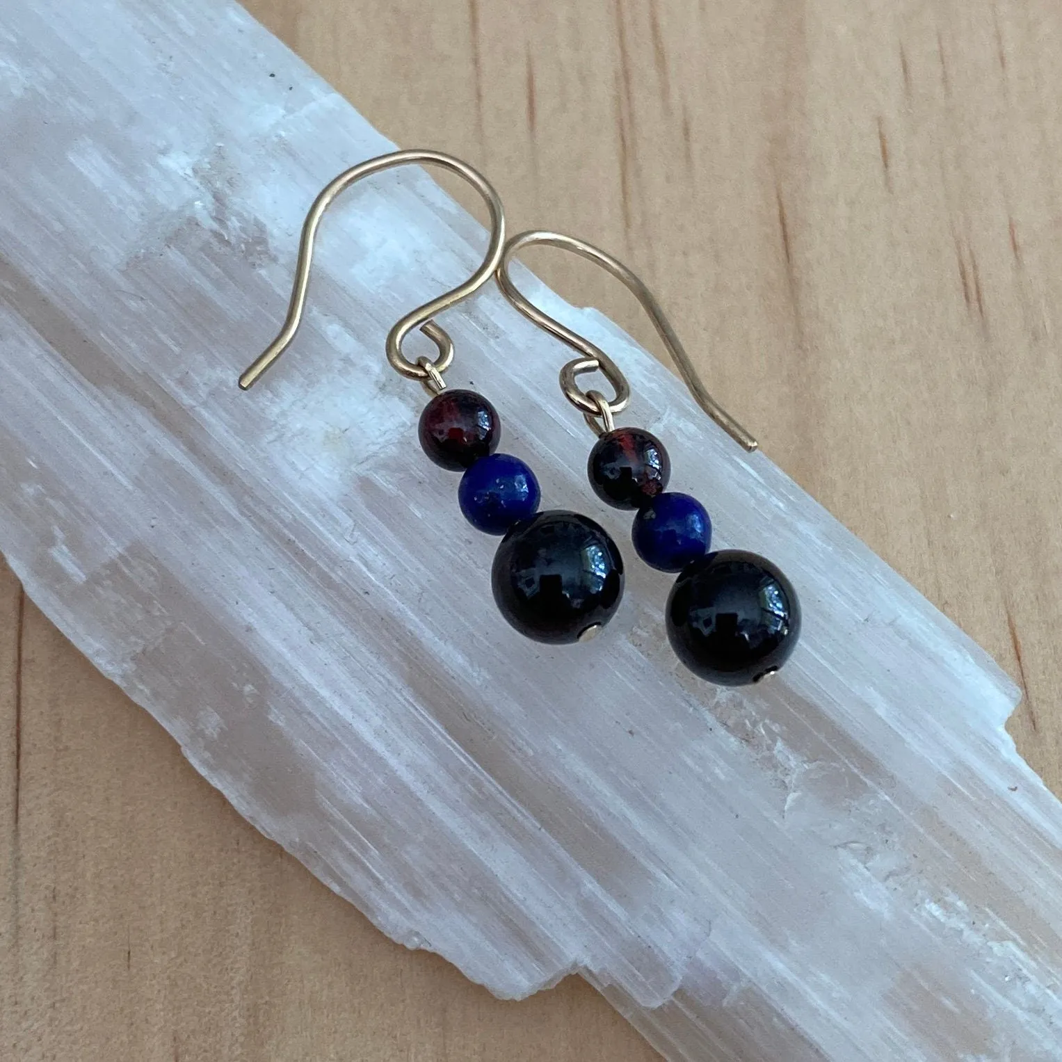 Solid 9 Carat Yellow Gold Red Garnet and Lapis Lazuli Earrings