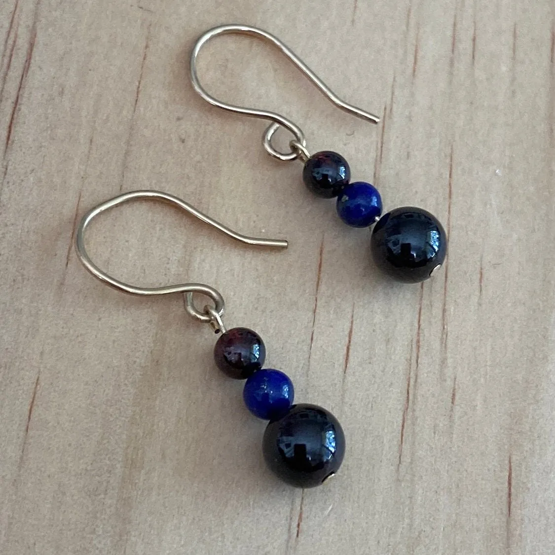 Solid 9 Carat Yellow Gold Red Garnet and Lapis Lazuli Earrings