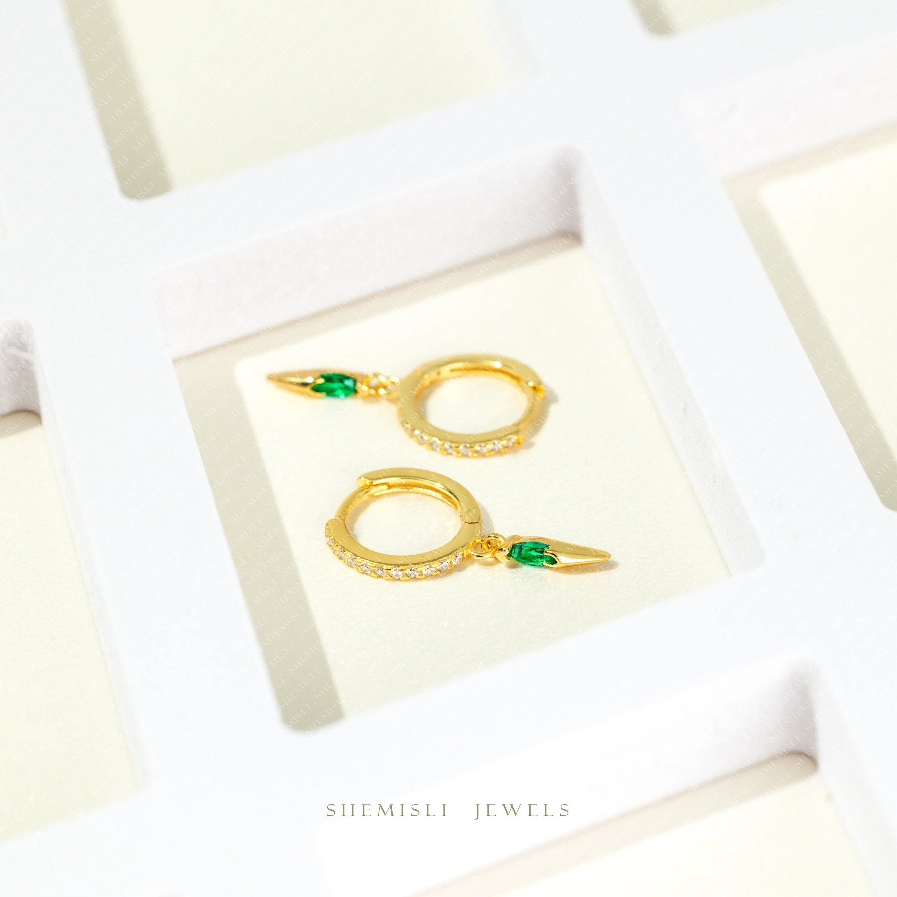 Spike CZ Hoop Earrings, White Stone, Emerald, Turquoise, Sapphire, Black Stone, Gold, Silver SHEMISLI SH371, SH372, SH373, SH374, SH375