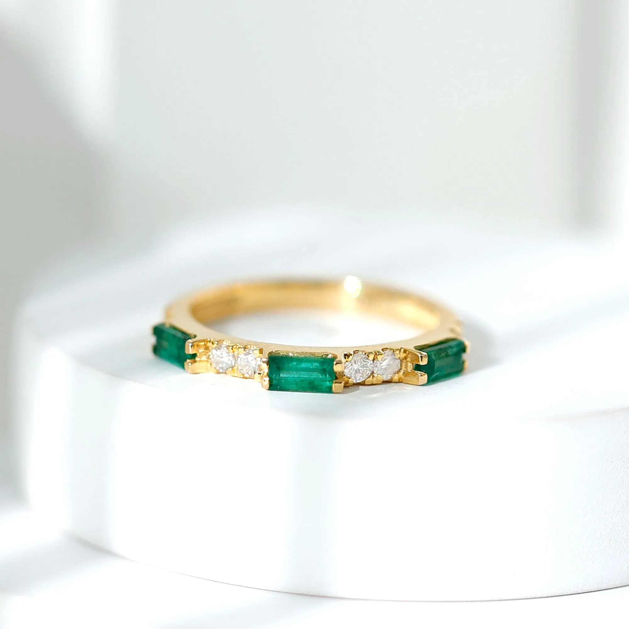 Stackable Green Emerald and Diamond Ring in Prong Setting