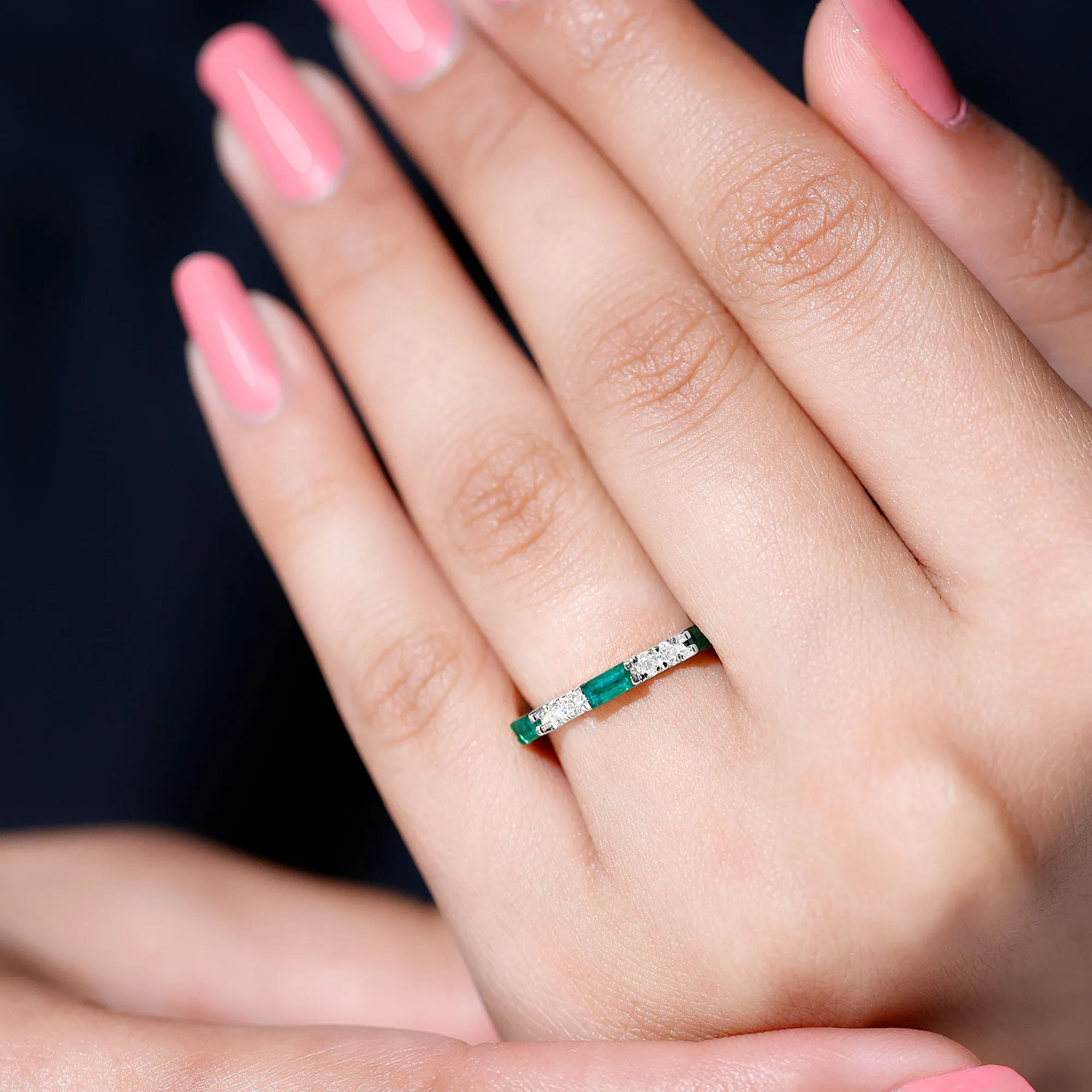 Stackable Green Emerald and Diamond Ring in Prong Setting