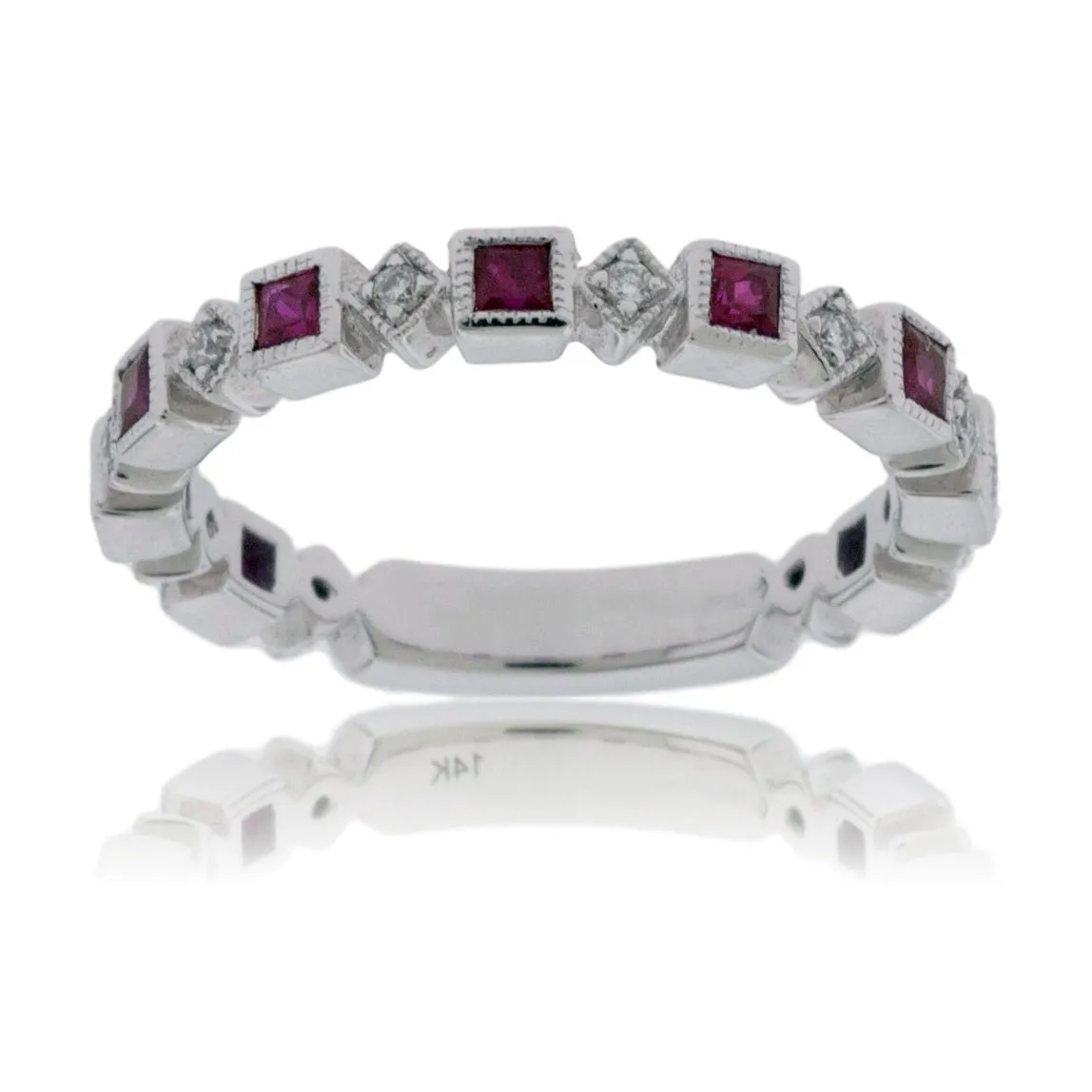 Stackable Princess Ruby and Round Diamond Band