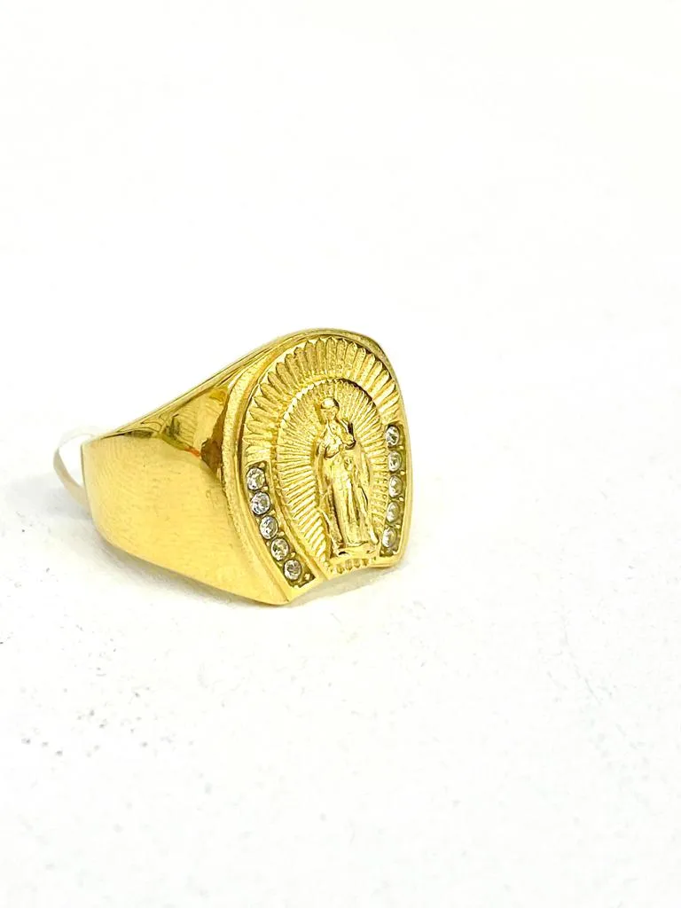 Stainless Steel Virgen de Guadalupe Ring CZ Mens Womens Virgin Mary Jewelry Tiny