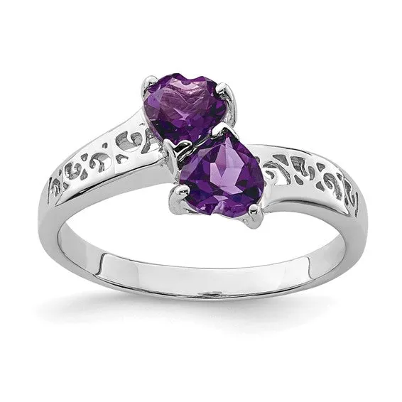 Sterling Silver 2-Stone Genuine Heart Gemstone Filigree Rings