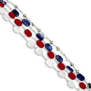 Sterling Silver Red Coral Multi Crystal White Lapis Bracelet